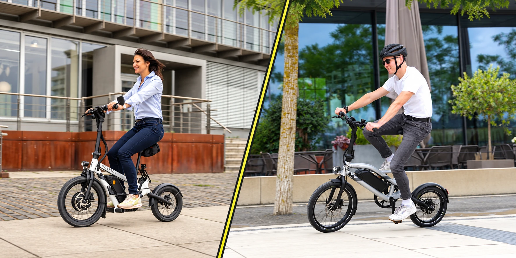 Links eine Frau auf dem STEEREON C30 E-Scooter mit Sitz, rechts ein Mann auf dem STEEREON B25 E-Bike Klapprad
